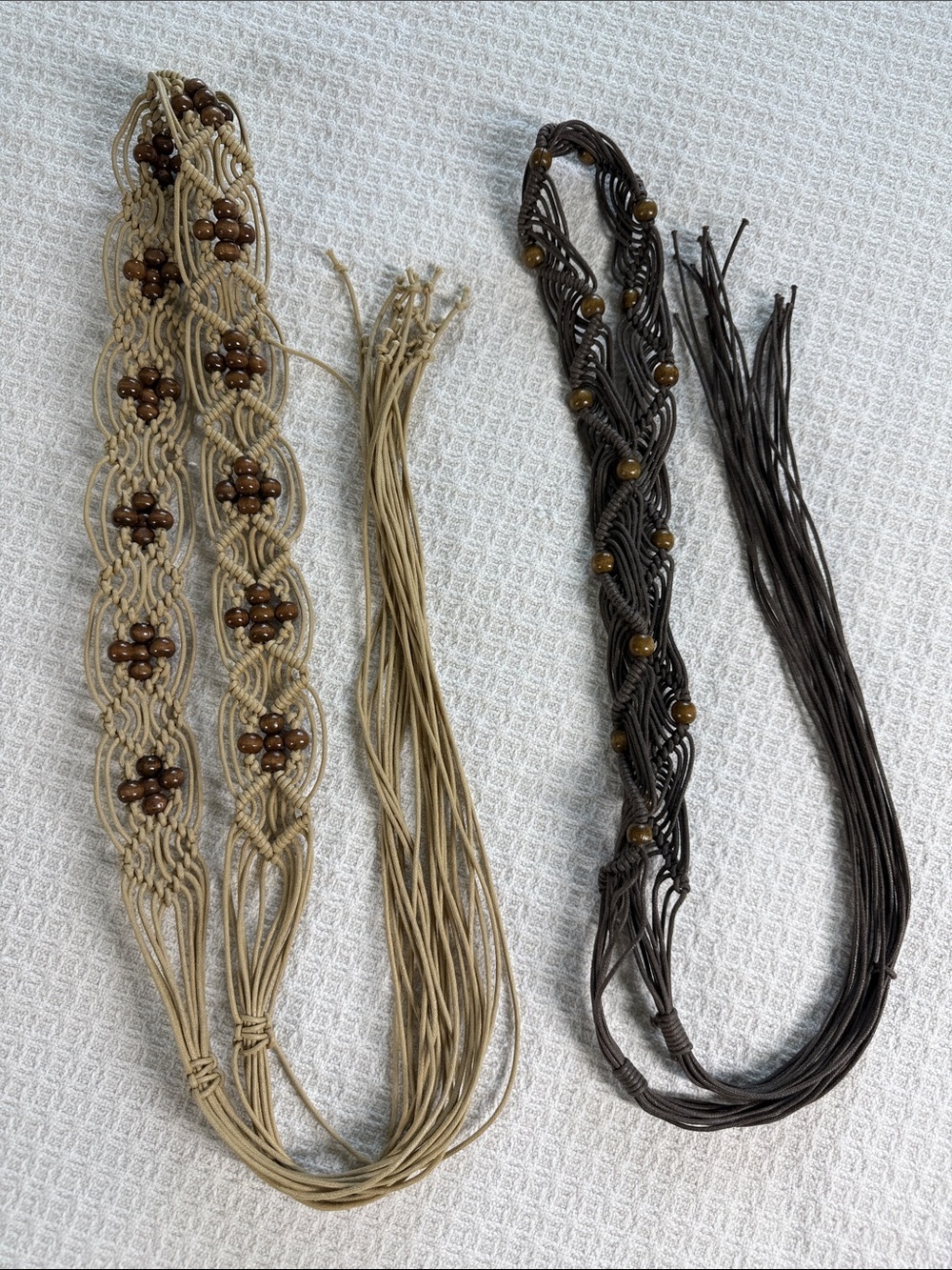 Set of two boho corded woven tie waist belts with wooden beads